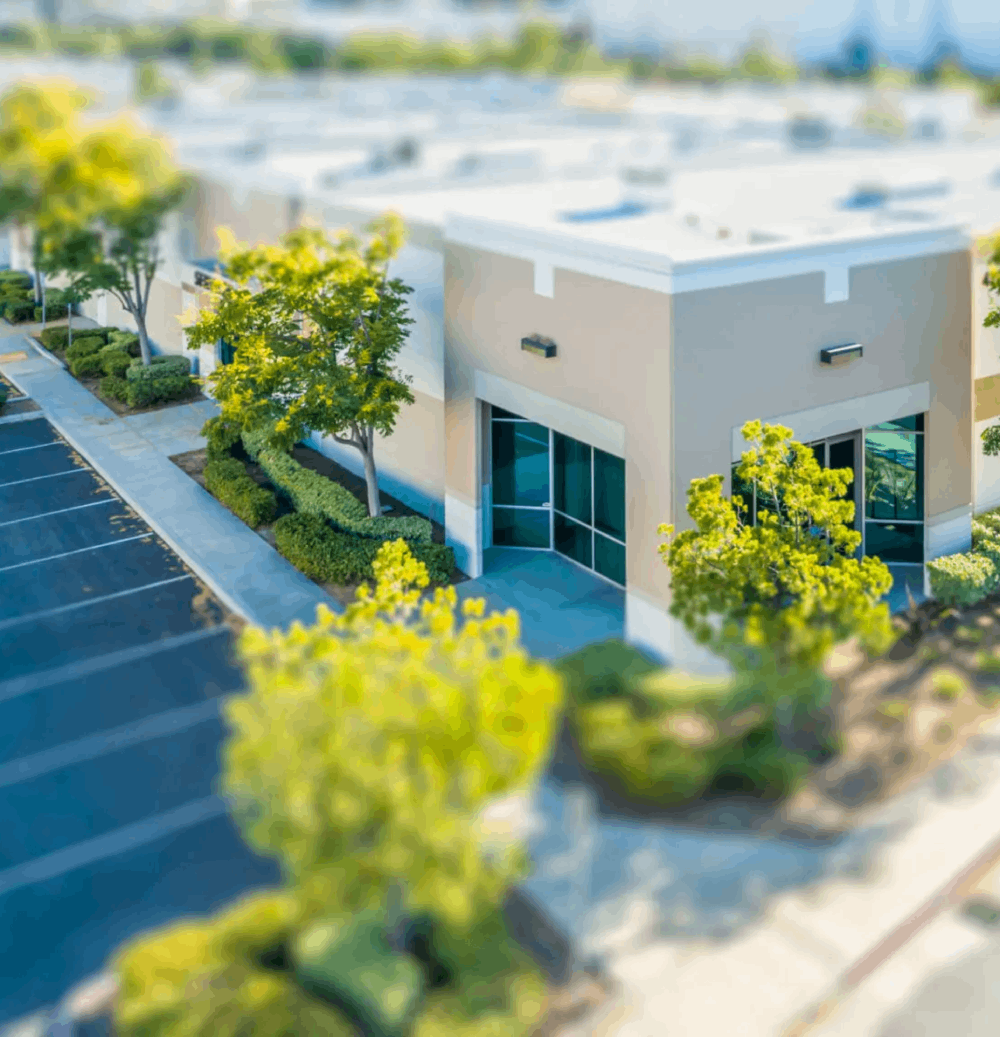 Office building exterior with landscaping